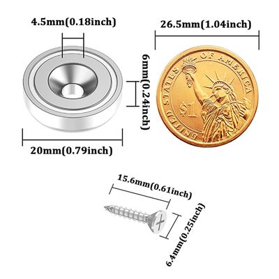 D20 MM 20lbs NdFeB Pot Magnet avec trou anti-enfoncement Hauteur totale H 7,2 mm Trou d1 4,5 mm