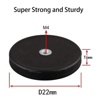 Magnéte ronde en néodyme D22x6mm avec M4 Grippeuse à fil femelle plate et surface en caoutchouc