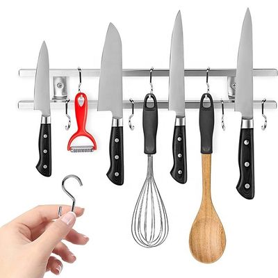 18 pouces tubes carrés en acier inoxydable bande de couteau magnétique avec 6 crochets pour l' ustensile de cuisine porte-outil organisateur