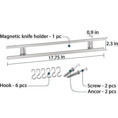 18 pouces tubes carrés en acier inoxydable bande de couteau magnétique avec 6 crochets pour l' ustensile de cuisine porte-outil organisateur